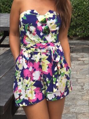Yumi Kim Silk Strapless Purple Floral Romper with Pink & Yellow Blooms